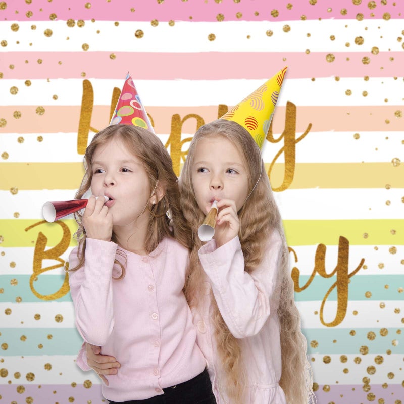 Funnytree Colorful Happy Birthday Backdrop Rainbow Stripes Bday Kid Girl Baby Shower Party Banner Decoration Supplies Favors Gifts Table Photography Background Photobooth Prop - Image 2